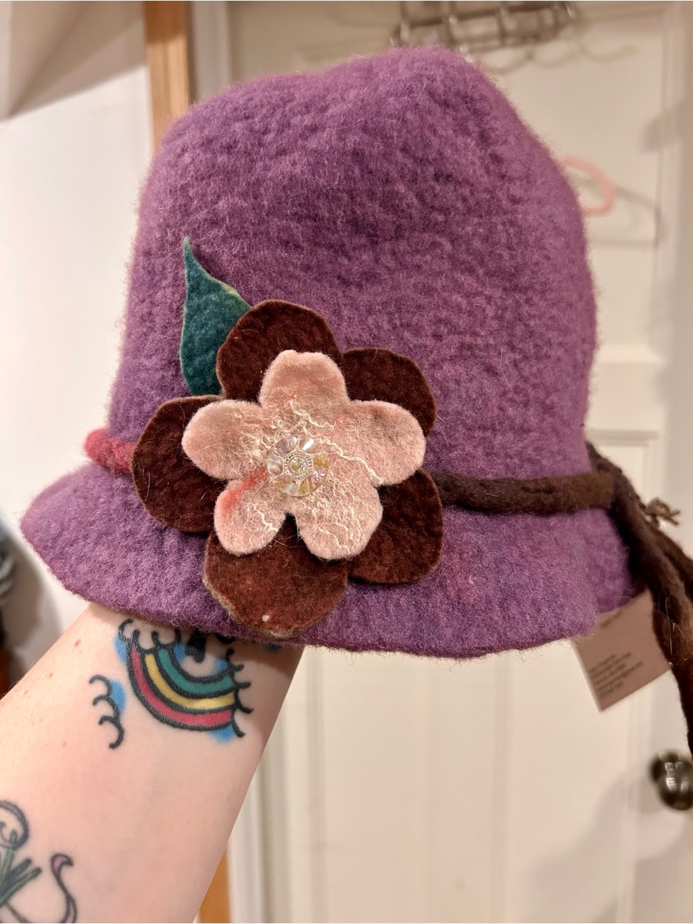 Kids Purple Hand-Felted Wool Bucket Hat with Flower